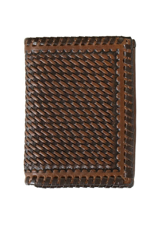 3D basketweave whip laced leather trifold wallet