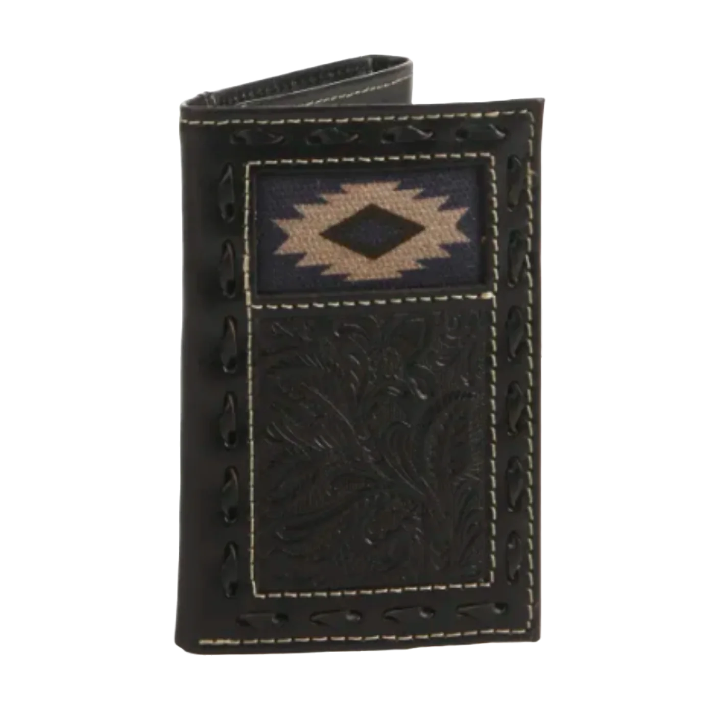 Nocona tooled & Aztec black leather trifold wallet