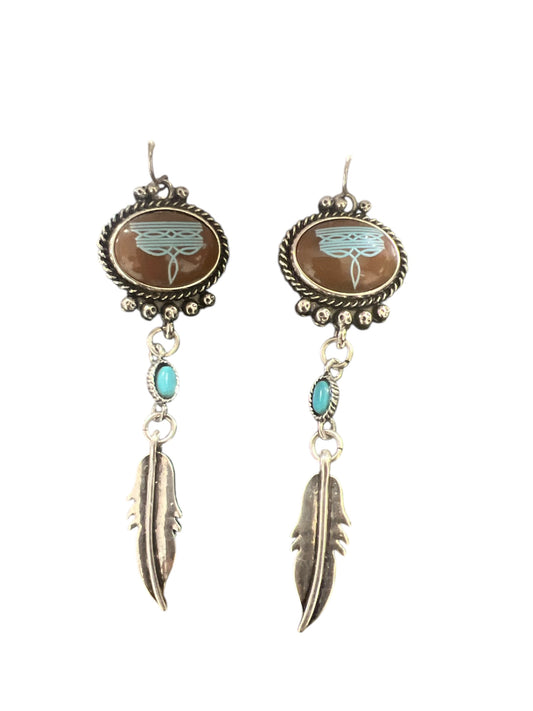 Brown/Turquoise Boot Stitch Feather Earring