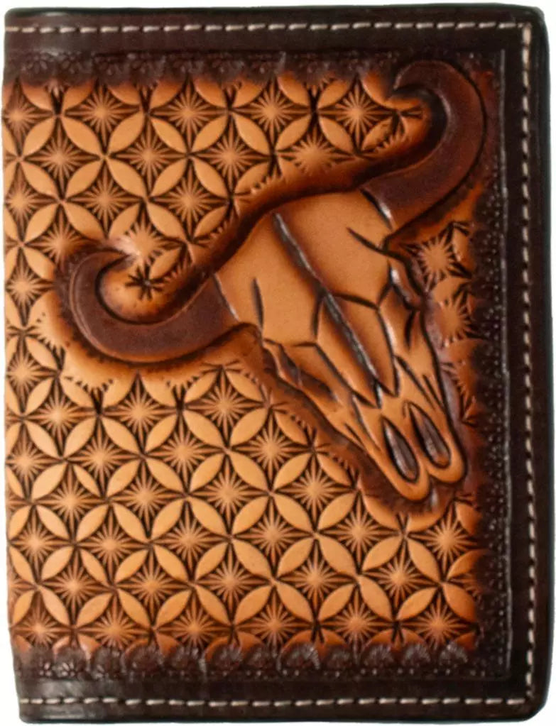 3D leather tooled cow skull trifold wallet