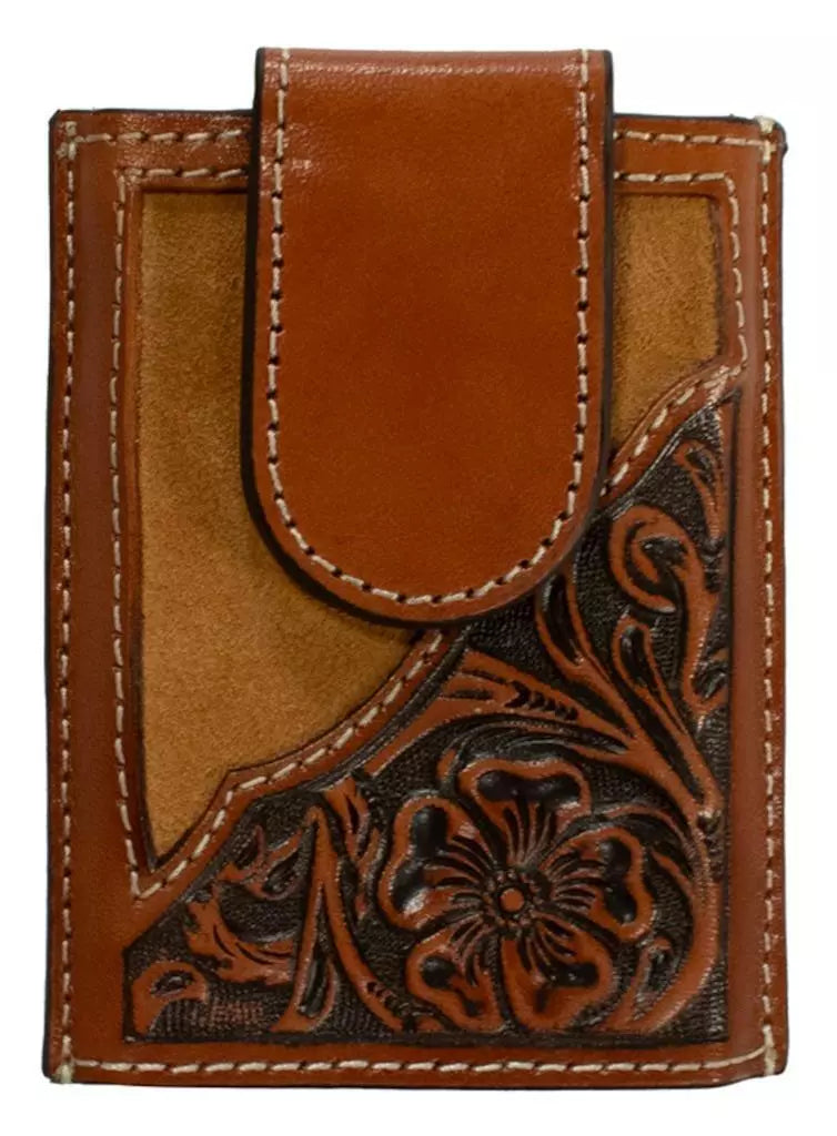 3D leather roughout floral embossed money clip