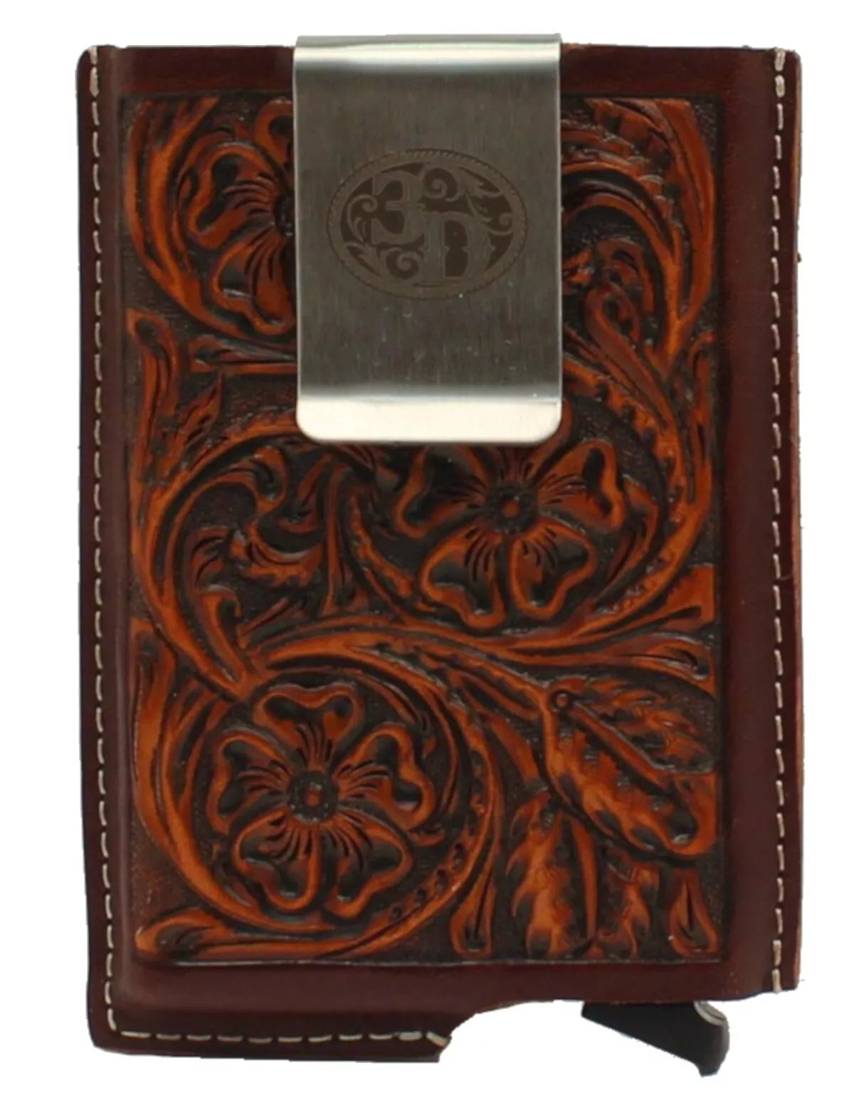 3D leather logo tooled brown smart wallet