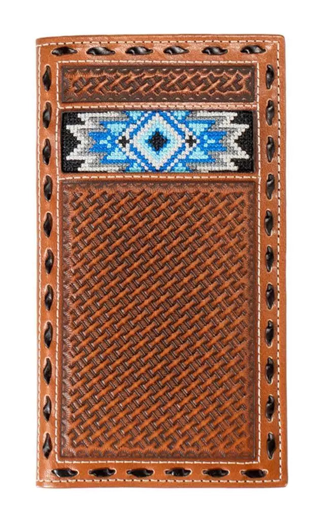 3D leather embroidered inlay weave brown rodeo wallet