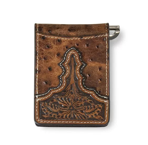 ARIAT Money Clip Bifold Leather Ostrich Floral Brown