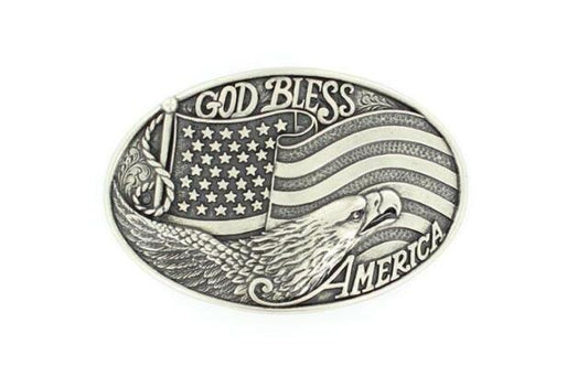 Nocona Oval God Bless America Silver Belt Buckle