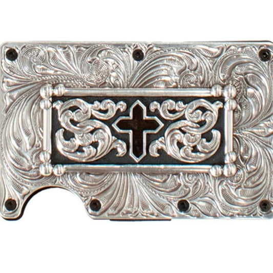 3D western men’s utility wallet cross silver